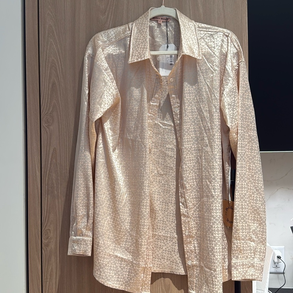 Champagne silk geometric button down blouse